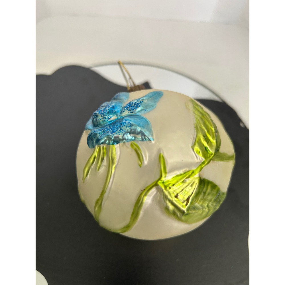 Christmas Ornament White Blue Floral Glass Hand Painted Poland Collectible